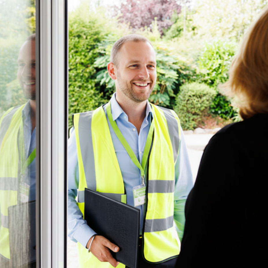 Home Domestic Energy Assessor greeting homeowner at property entrance before carrying out EPC inspection