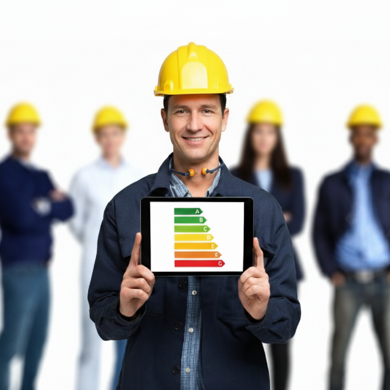 Home Domestic Energy Assessor presenting EPC energy efficiency rating chart on tablet with assessment team in background