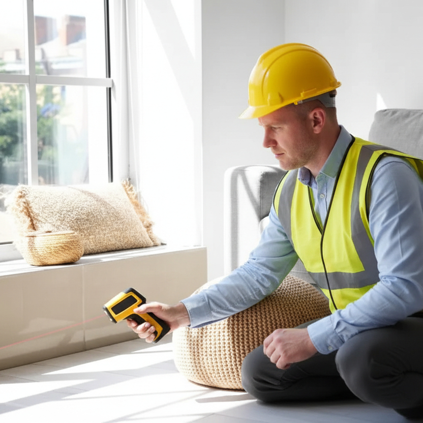 Home Domestic Energy Assessor measuring heat loss around window frame using thermal scanner during EPC survey
